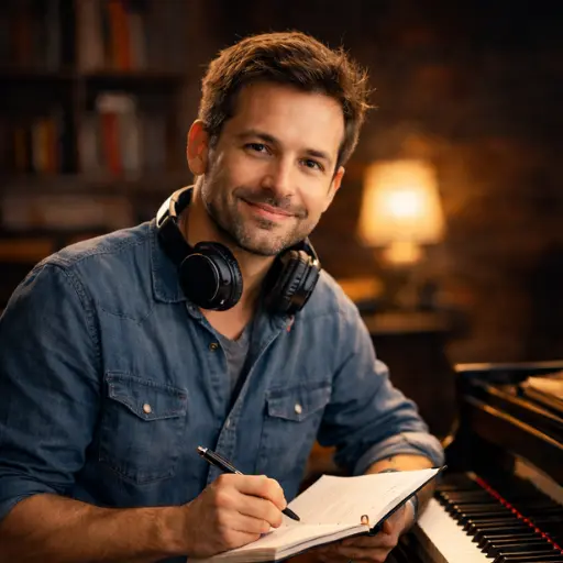 Julian Harmon, lead pianist and reviewer at PianoXpert, sitting at a grand piano with headphones and a notebook